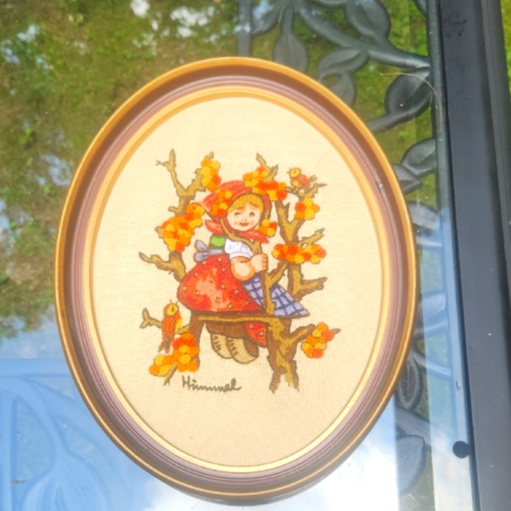 Vintage Hummel Needle Point Wooden Framed Art with Red and Orange Girl Swinging